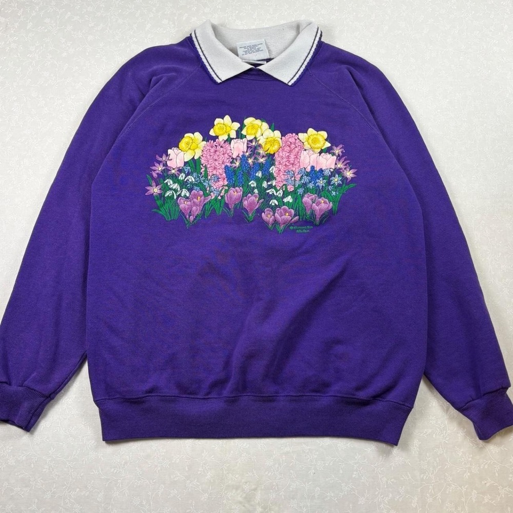 Vintage Morning Sun Purple Floral Collared Sweatshirt — Size L 💐